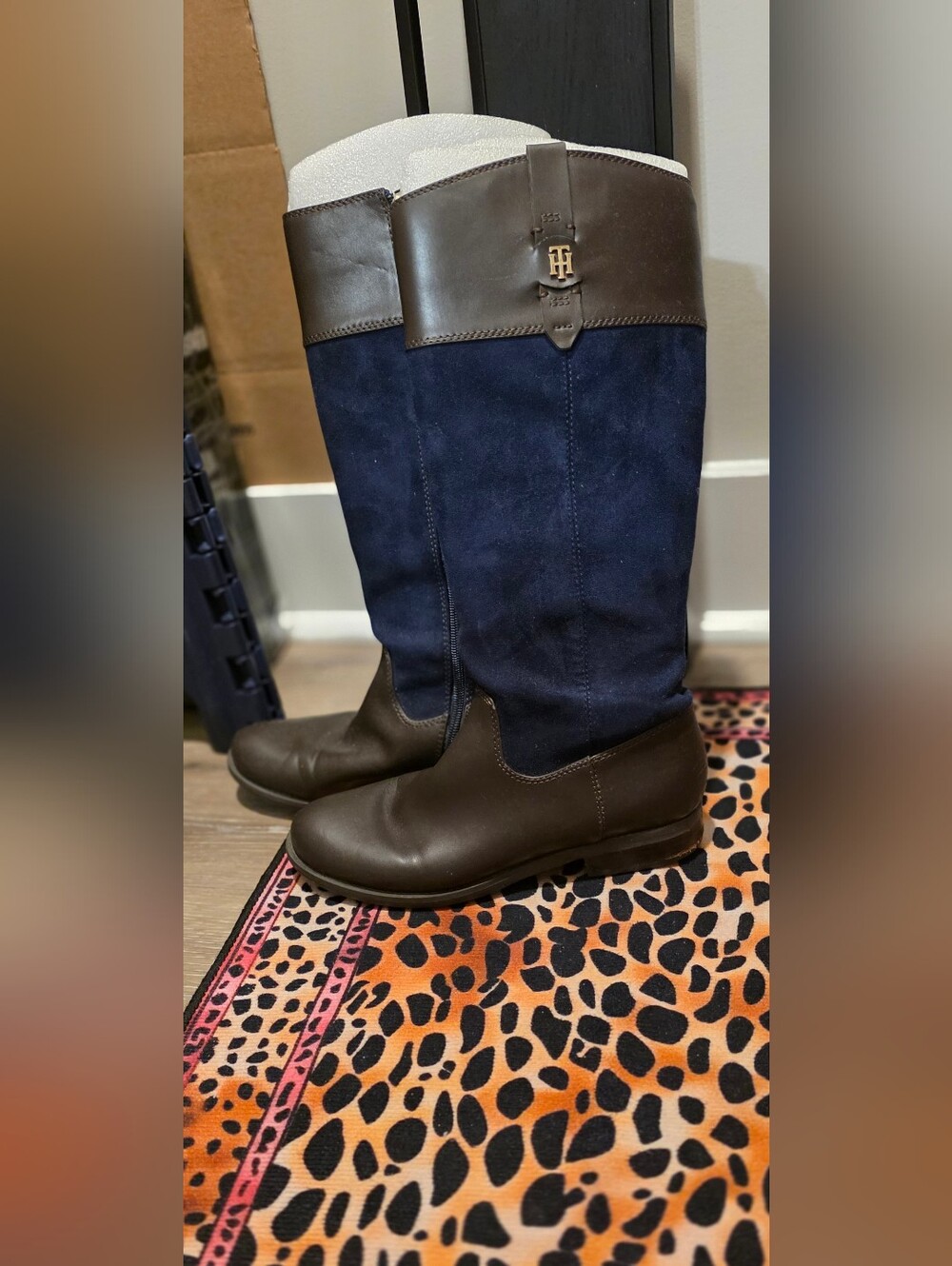 Tommy Hilfiger Navy Suede & Brown Leather Riding Boots Size 8